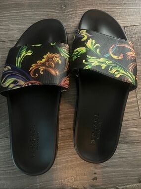 Versace Black Slides with Multicolor Baroque Print